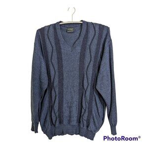 Vintage Merino Wool Mens Sweater XL Euro 58 V Neck Pullover Blue Striped Austria